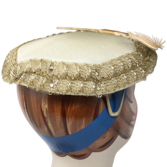 Vintage 50s Platter Hat Dark Ivory w Ruffle and Rhinestones 10" Across - Hey Viv - Picture 4 of 7